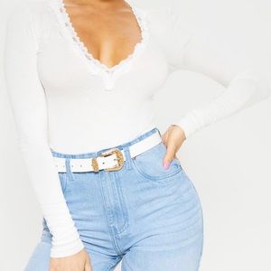 Petite White Lace Trim Plunge Long Sleeve Bodysuit